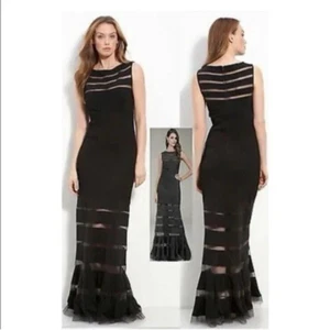 Tadashi Shoji Black Jersey Mesh Illusion Gown Formal Dress Long Sz S - Picture 1 of 16