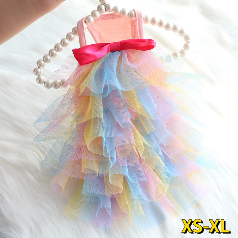 Small Pet Dog Cat Mesh Lace Dress Strappy Rainbow Tutu Skirt Cute Party Puppy - Image 1 of 4