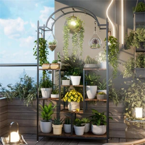 5-Tier Plant Stand Metal Flower Shelf Bonsai Pot Display Rack with Hanging Hooks - Picture 1 of 13