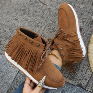Womens Tassel Moccasin Boots High Top Casual Fringe Flat Round Toe Casual Shoes - Picture 1 of 8