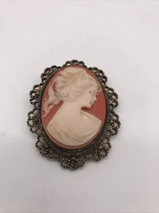 Vtg Molded Acrylic Carnelian & Cream Cameo Lady's Brooch - Picture 1 of 4