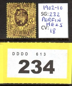 LOT #Y234 - SG232 - 3d Purple on Yellow - Perfin 'HG&S' - 1902-10 - Picture 1 of 1