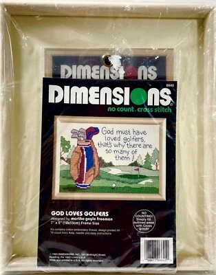 NUEVO 1993 Dimensions God Loves Golfers 6645 Sin Cuenta Kit Punto de Cruz + Marco 14257 Foto 1 de 2