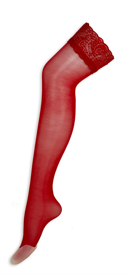 Bas voile rouge autofixant bord dentelle collant sexy fantaisie femme