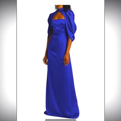 Theia satin blue Carrie 3D floral cape dress rare size 10 800$ - Image 1 of 4