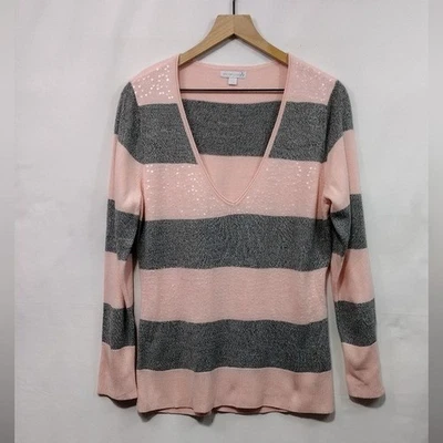 New New York & Company Stripe V-neck Sequin Sweater Women's L Peach Gray Casual - Image 1 of 4
