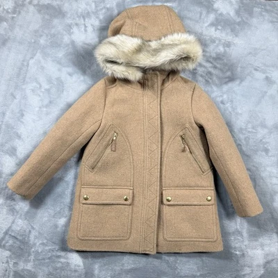 J Crew Girls Crewcuts Chateau Parka Coat Wool Blend Faux Fur Hood Tan Size 6/7 - Image 1 of 4
