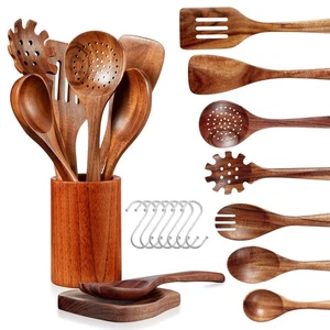 Wooden Spoons for Cooking - 10 Piece Natural Teak Wood Kitchen Utensil Set, W... - Picture 1 of 7