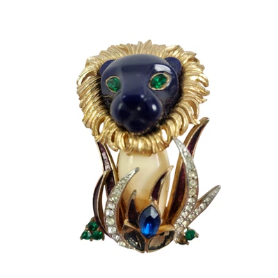 RARE Vintage Hattie Carnegie Lion in Grass Gold Pin Brooch READ - Image 1 of 4