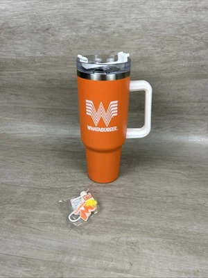 Whataburger 橙色和白色 40 盎司。 带盖不倒翁(拉杆)杯柄 — 第 1/4 张图片