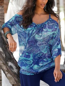 NEW SUPERB BLANCHEPORTE 💕 BLUE PAISLEY COLD SHOULDER TOP BLOUSE 💕 SIZE 14 ** - Picture 1 of 5