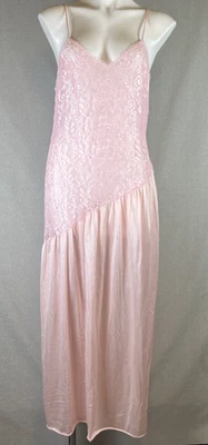 Camisola feminina vintage disfarçada slip maxi vestido L rosa renda fluida transparente EUA - Imagem 1 de 4