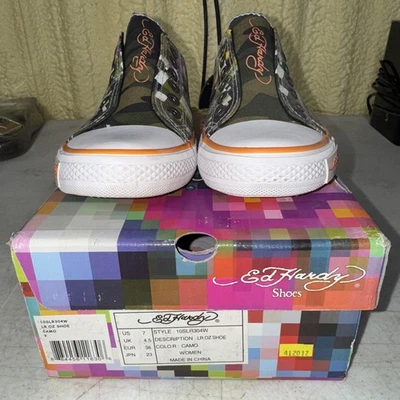 Sapato Feminino Don Ed Hardy Caveira Tamanho 7 Laranja Camuflado com Caixa - Imagem 1 de 4