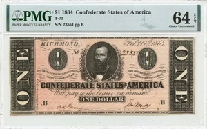 1864 $1 Confederate States of America T-71 CSA PMG CU64 EPQ - Picture 1 of 2
