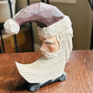 Vintage hand carved hand painted wood Santa figurine moon shaped - Picture 1 of 11