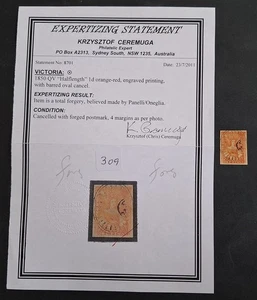 1850-63 Victoria Australia 1d Oge Red H/Lngth Stamp Panelli/Oneglia Forgery+cert - Picture 1 of 3