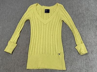 Suéter Vintage American Eagle Para Mujer Medio Amarillo Cuello en V Cable Tejido Largo y2k Foto 1 de 4