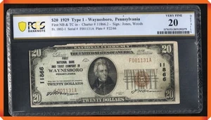 KC- Fr.1802-1 1929 $20 1st NB in Waynesboro , PA #11866 - VF 20 Details PCGS-B - Picture 1 of 3