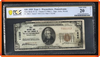 KC- Fr.1802-1 1929 $20 1st NB in Waynesboro , PA #11866 - VF 20 Details PCGS-B - Image 1 of 3