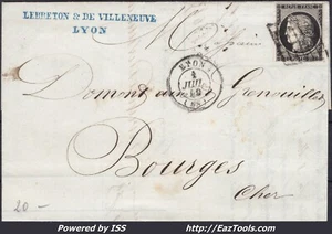 FRANCE CERES 20c N° 3 SUR LETTRE GRILLE + CAD TYPE 15 DE LYON DU 01/07/1849 - Imagen 1 de 2