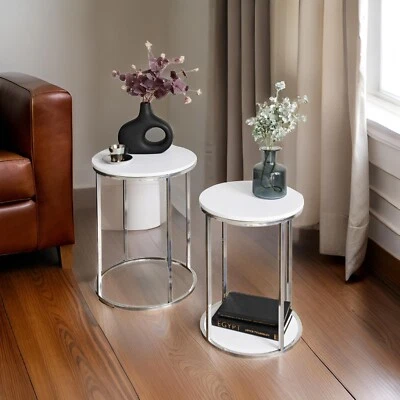 Nest of Tables Set of 2 Coffee Table White With Chrome Legs Side End Table - Image 1 of 4
