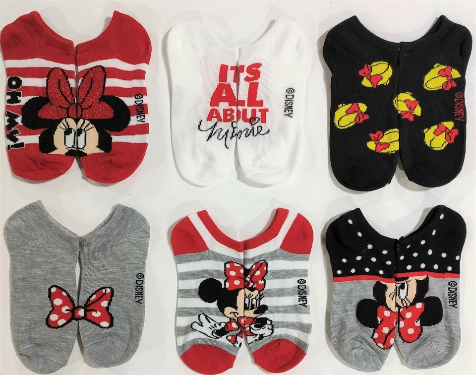 Minnie Mouse Socks Girls LARGE 4-10 Disney 6-Pair No Show Cute Kids Gift - Image 1 of 4