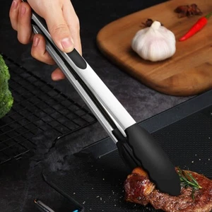 Silicone Home Kitchen Cooking Salad BBQ Tongs Stainless Steel Food Clip Tool - Picture 1 of 12