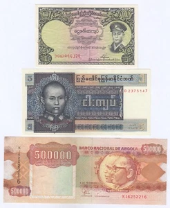 Birmania, Birmania, Angola, set di 3 banconote diverse, UNC/AUNC - Foto 1 di 2