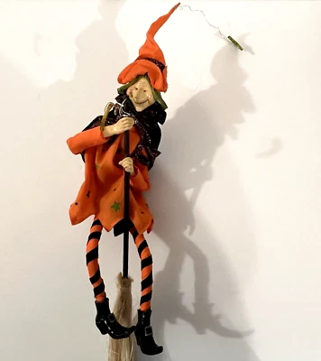 Halloween Witch w Broom Flying Folk Star Moon Striped Legs Philippines 16" Decor - Image 1 of 4