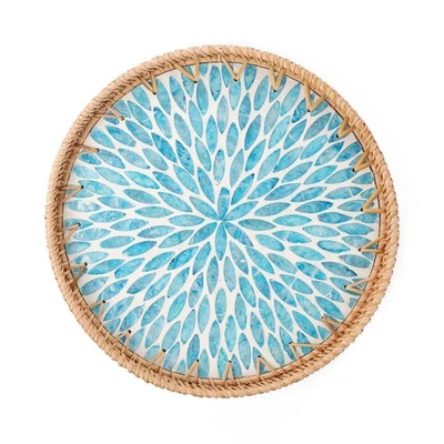 Tynulox Round Rattan Tray, Mother of Pearl Inlay, Serving Coffee Table Decor 11. - Image 1 of 4