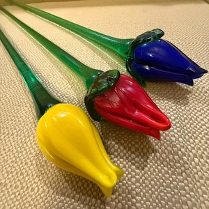 Set of 3 Hand Blown Art Glass Murano Style Long Green Stem 19.5-20" Flowers Buds - Picture 1 of 20
