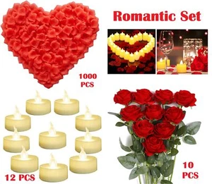 Red Artificial Rose Petals/ Silk Roses/ LED Candles Romantic Night  Propose Set - Picture 1 of 16