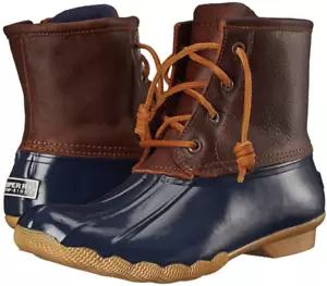 Sperry Saltwater Brown Navy Blue STS91175 Rain Duck Boots Leather Women's 9.5 M - Picture 1 of 8