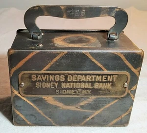 ANTIQUE SAVINGS DEPARTMENT SIDNEY NATIONAL BANK SIDNEY, NEW YORK STEEL COIN BANK - Picture 1 of 12