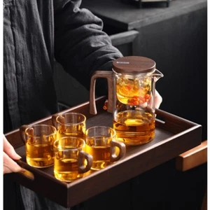 Boutique Tea Pot Matching Cup Glass Wood Handle Tea Tray Tea Water Separation - Picture 1 of 37