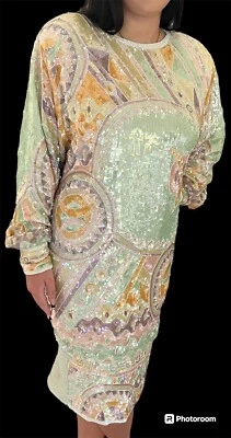 Vestido Vintage Años 80 Judith Ann Creations Celestial Seda Lentejuelas Cuentas Talla L Foto 1 de 4