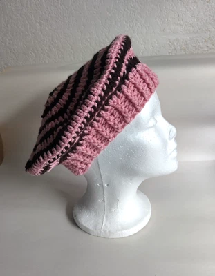 Crochet Beret Hat Women Handmade, Stripped Pink/Brown - Image 1 of 4