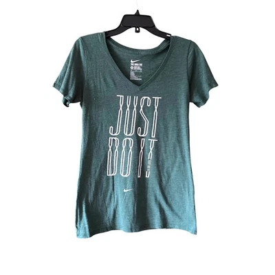 Nike Women's Athletic Cut Green "Just Do It" V-Neck Tee Shirt Size M - Image 1 of 4