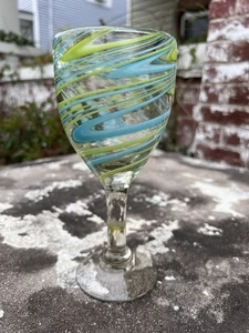 Mexican Handblown Wine Water Glasses Barware Abstract Blue and Green Swirl Thick - Picture 1 of 9