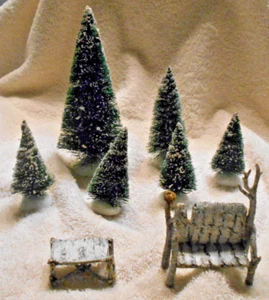 Department 56, Village Accessories, 6 Assorted Evergreens, Bench and Table - Picture 1 of 2