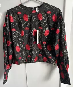 Ladies Topshop Size 8 Black Floral Embroidered Rose Top New with Tags Balloon - Picture 1 of 4