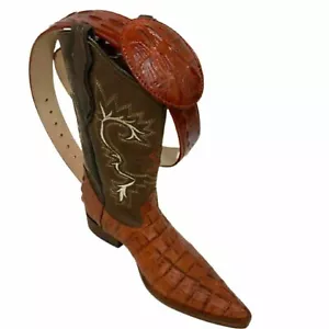 Men's Cowboy Crocodile Print Leather Western Snip Toe Boots With Matching Belt - Picture 1 of 3