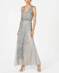 Adrianna Papell Silver Gray Beaded Blouson Mermaid Gown NWT 18 - Picture 1 of 7