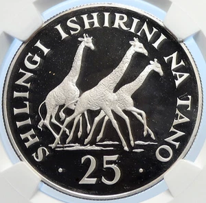 1974 TANZANIA President Nyerere GIRAFFES Proof Silver 25 Shllng Coin NGC i106527 - Picture 1 of 7