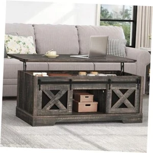 Farmhouse Coffee Table, Lift Top Coffee Table with Storage & Dark Rustic Oak - Picture 1 of 7
