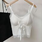 New Y2K Lace Trim Crop Tops Aesthetic White Bow Cute Mini Vest Knitted Basic