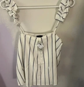 River Island Blue Cream Stripe Ruffle Strappy Tank Top Size UK 8 Petite - NWT - Picture 1 of 5