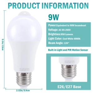 Dusk to Dawn E26 E27 PIR Motion Sensor Lamp 9W LED Bulb Light Infrared Motion - Picture 1 of 13