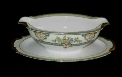 NORITAKE JAPAN FLORAL DECORATED GRAVY BOWL AND UNDERPLATE BLUE BORDER 1916 - image 1 of 4
