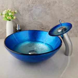 Blue Bathroom Vessel Sink Round Temperd Glass Basin Bowl Chrome Mixer Faucet Set - Picture 1 of 10